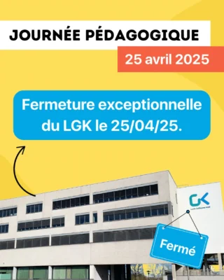 🔹Journée pédagogique🔹
📅 Le LGK prévoit pour son personnel une journée pédagogique qui aura lieu le 25 avril 2025 au LGK.

Mais pour quoi faire? 🤔

Tout au long de la journée, le personnel réfléchira et discutera sur l’impact de l’intelligence artificielle sur l’éducation. 

⚠️ Etant donné, que *tout* le personnel du LGK participera à cette journée pédagogique, les élèves sont dispensés des cours. 

Le LGK est fermé au public ce jour-là.

Aimez et partagez cette info!
#LGK #Lycéeguillaumekroll #LGKESCH
#Esch #Luxembourg #Eschsuralzette
▪️Motivéiert an engagéiert an d’Zukunft▪️